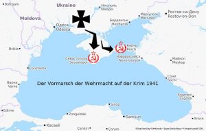 Erich von Manstein erreichte 1941 mit der Wehrmacht die Krim und griff Sewastopol an. Die Eroberung gelang jedoch erst 1942. Karte von Angriff der Wehrmacht auf der Krim 1941 gegen Sewastopol unter Erich von Manstein