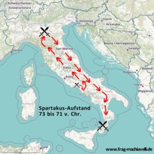 Eine Karte des Spartakusaufstandes mit den Bewegungen der Sklaven-Armee