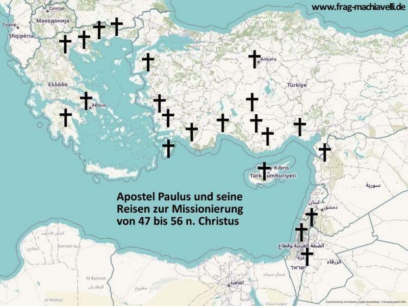 Karte der Orte an denen der Apostel Paulus von 46 bis 57 n. Christus missionierte.