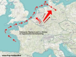 Tiberius setzte im Germanenkrieg auch eine Flotte auf der Elbe ein. Karte des Feldzuges von Tiberius im Augusteischen Germanenkrieg