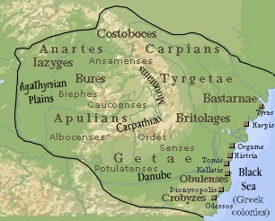 Unter Kaiser Domitian erstreckte sich Dakien nördlich der unteren Donau bis zum Schwarzen Meer. Karte Dakiens 82 n. Christus