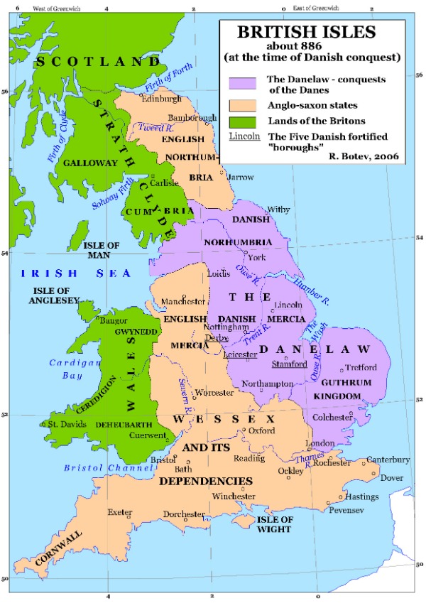 Nach schweren Kämpfen einigten sich Alfred der Große und Guthrum auf eine vorerst friedliche Koexistenz. Karte Britannien um 886