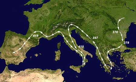Die West-Goten zogen während der Völkerwanderung innerhalb sehr kurzer Zeit von Ost-Europa bis auf die iberische Halbinsel. Völkerwanderung Westgoten Karte