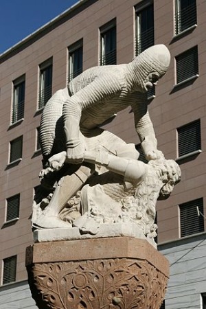 Darstellung des Dietrich von Bern am Laurinbrunnen in Bozen. Dietrich von Bern
