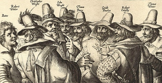 Zeitgenössische Zeichnung der Verschwörer gegen König Jakob I. von England. Guy Fawkes und Verschwörer