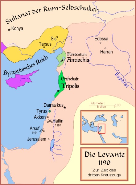 Saladin drängte die Christen im Heiligen Land weit zurück. Dritter Kreuzzug Karte