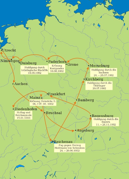 Heinrich II. ritt nach seiner Königswahl von 1002 wie die alten Merowinger durch das Reich. König Heinrich II. Umritt Karte