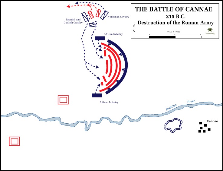 Hannibal Barkas gelang es in der Schlacht bei Cannae, die römische Armee einzukesseln. Schlacht bei Cannae Karte