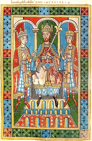 Die Darstellung aus der Welfenchronik zeigte Kaiser Friedrich I. Barbarossa und seine Söhne. Kaiser Friedrich I. Barbarossa