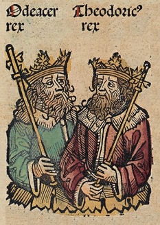 Darstellung von Odoaker und Theoderich in der Schedelschen Weltchronik. Odoaker