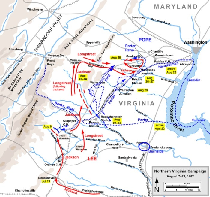 General Lee stieß weit in den Norden von Virginia vor. Nord-Virginia-Kampagne Karte
