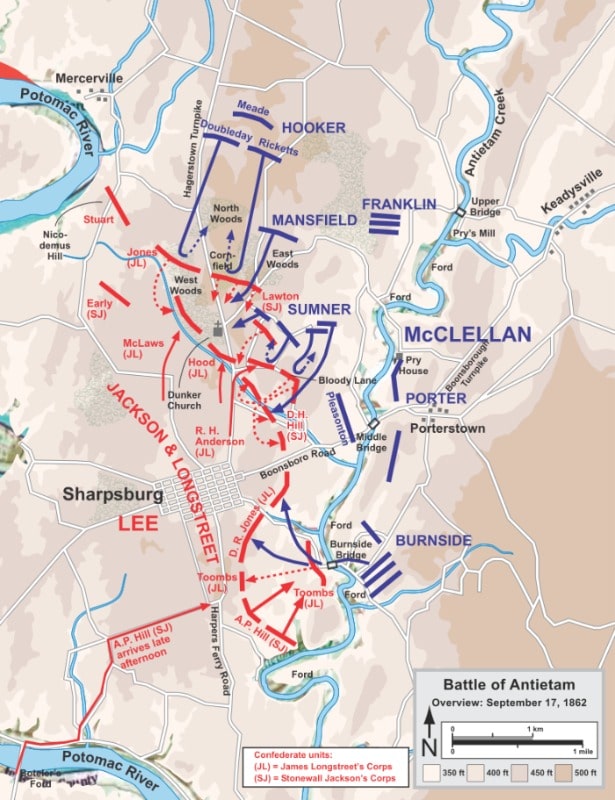 General Lee konnte in der Schlacht am Antietam einer doppelten Überzahl widerstehen. Schlacht am Antietam Karte