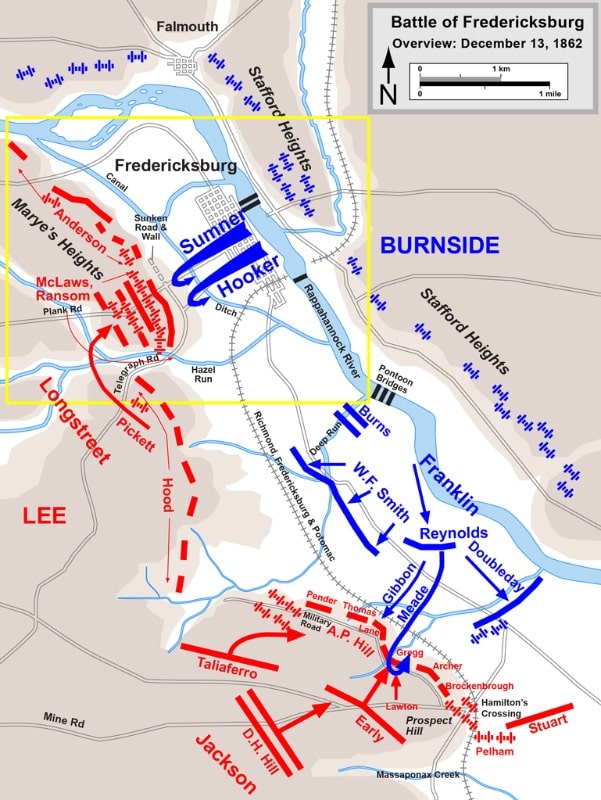 General Lee siegte in der Schlacht bei Fredericksburg im Dezember 1862. Schlacht von Fredericksburg Karte