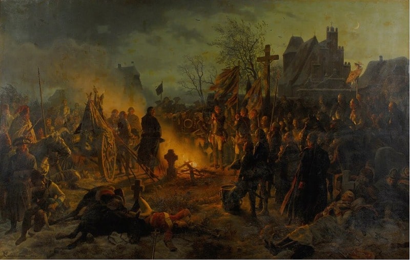Mit dem Choral von Leuthen wurde für den Sieg von Friedrich dem Großen gedankt. Choral von Leuthen Gemälde