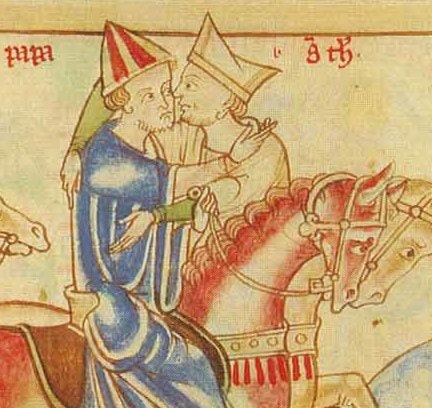 Die Darstellung zeigt Thomas Becket und Papst Alexander III. bei ihrer Verabschiedung im Jahr 1165. Thomas Becket und Papst Alexander III. im Jahr 1165